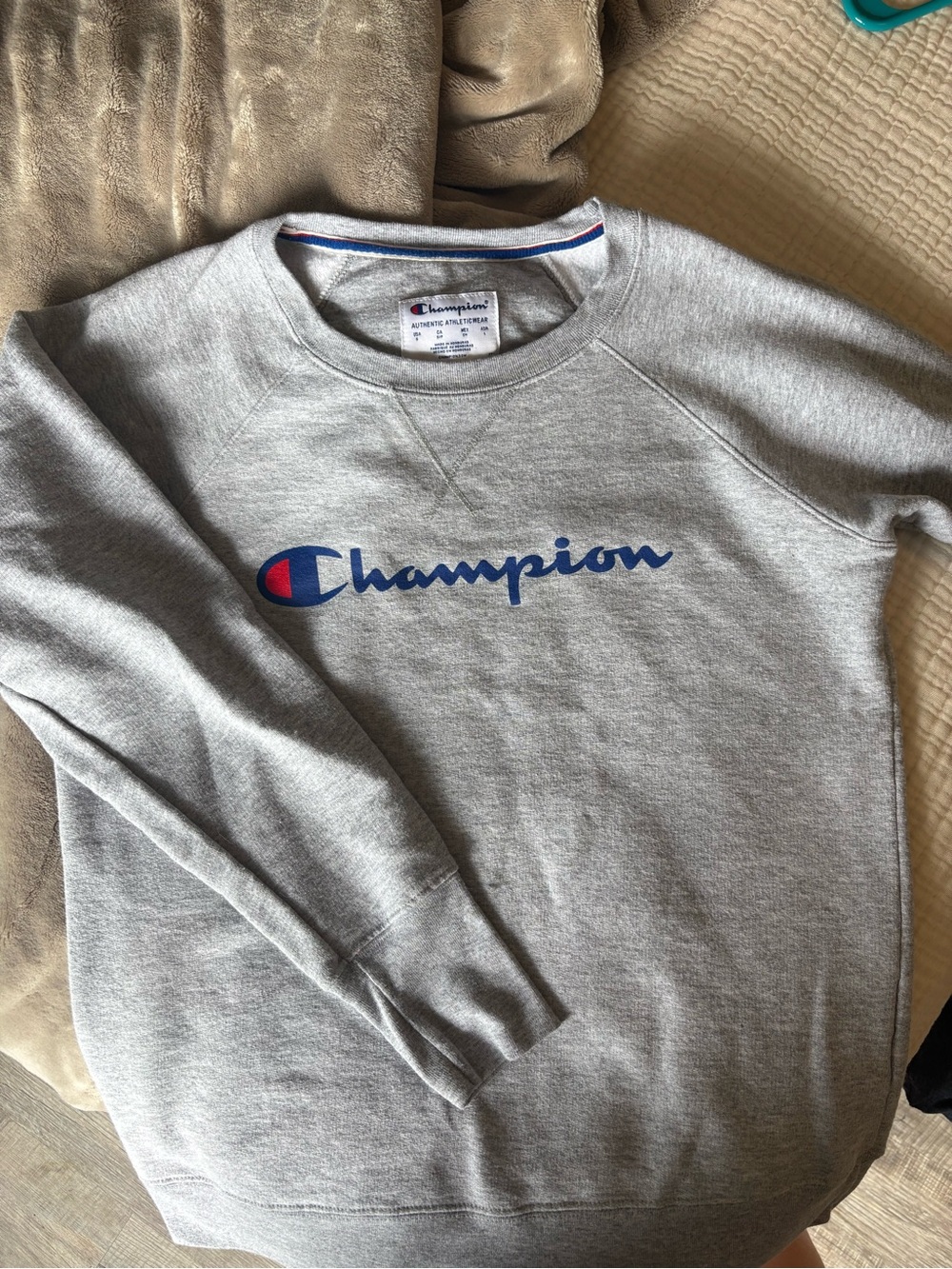 Champion Gray Crewneck with Blue & Red Logo